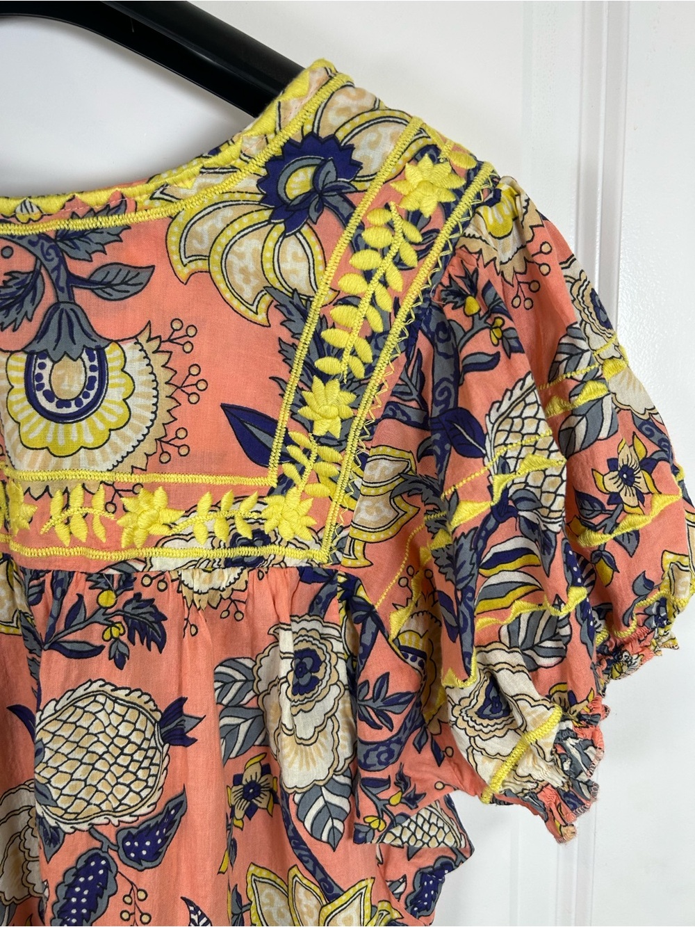 Sister Mary Coral Floral Embroidered Puff Sleeve Bohemian Top XS - Picture 8 of 10